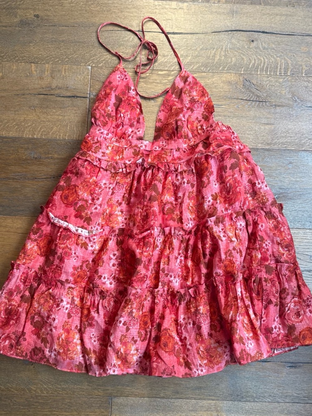 ' Red Floral Tiered Sundress with halter Spaghetti Strap. Lined, lined, side zip